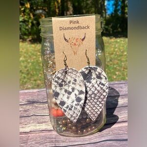 Pink Diamondback Leather Snake Print Pinched Tear Drop Western Rodeo Earrings